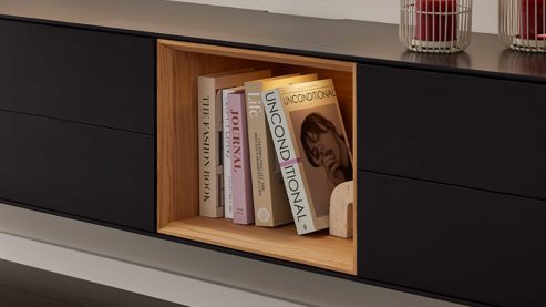 Wohnwand Interliving aus Holz in Schwarz Interliving Wohnzimmer Serie 2034 - TV-Wand schwarzer Lack & Eiche - zweiteilig, Länge ca. 240 cm