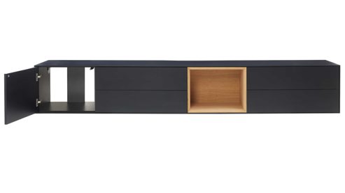 Wohnwand Interliving aus Holz in Schwarz Interliving Wohnzimmer Serie 2034 - TV-Wand schwarzer Lack & Eiche - zweiteilig, Länge ca. 240 cm