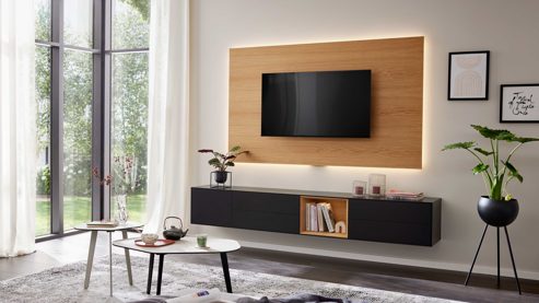Wohnwand Interliving aus Holz in Schwarz Interliving Wohnzimmer Serie 2034 - TV-Wand schwarzer Lack & Eiche - zweiteilig, Länge ca. 240 cm