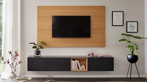Wohnwand Interliving aus Holz in Schwarz Interliving Wohnzimmer Serie 2034 - TV-Wand schwarzer Lack & Eiche - zweiteilig, Länge ca. 240 cm