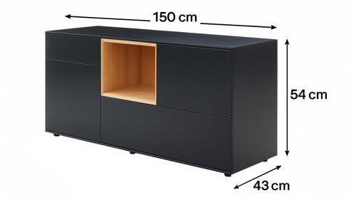 Sideboard Interliving aus Holz in Schwarz Interliving Wohnzimmer Serie 2034 - Sideboard schwarzer Lack & Eiche - zwei Schubladen, zwei Türen, Länge ca. 150 cm