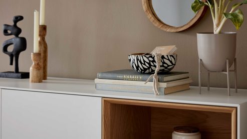 Highboard Interliving aus Holz in Weiß Interliving Wohnzimmer Serie 2034 - Highboard weißer Lack & Eiche - zwei Schubladen, zwei Türen, Länge ca. 150 cm