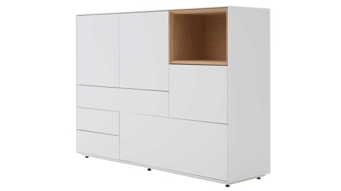 Highboard Interliving aus Holz in Weiß Interliving Wohnzimmer Serie 2034 - Highboard weißer Lack & Eiche - zwei Schubladen, zwei Türen, Länge ca. 150 cm