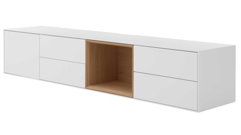 Lowboard Interliving aus Holz in Weiß Interliving Wohnzimmer Serie 2034 - Lowboard weißer Lack & Eiche - vier Schubladen, eine Tür, Länge ca. 240 cm