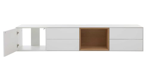 Lowboard Interliving aus Holz in Weiß Interliving Wohnzimmer Serie 2034 - Lowboard weißer Lack & Eiche - vier Schubladen, eine Tür, Länge ca. 240 cm
