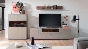 Wohnwand Mca direkt aus Holz in Grau PARTNERRING COLLECTION Wohnprogramm Lüttich - Wohnwand Basaltgrau & Wotan Eiche – dreiteilig, Breite ca. 320 cm