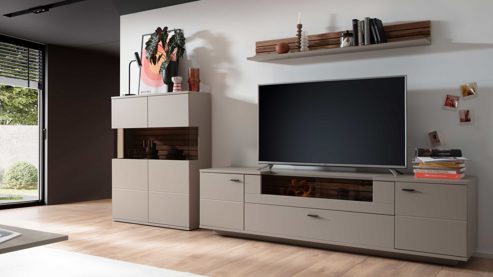 Wohnwand Mca furniture aus Holz in Grau PARTNERRING COLLECTION Wohnprogramm Lüttich - Wohnwand Basaltgrau & Wotan Eiche – dreiteilig, Breite ca. 320 cm