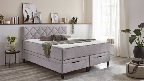 Boxspringbett KAWOO aus Stoff in Hellgrau KAWOO Boxspringbett Eberndorf silberfarbener Bezug 50562-720 – Liegefläche ca. 180 x 200 cm