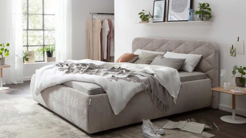 Bettgestell KAWOO aus Stoff in Beige KAWOO Polsterbettgestell perlfarbener Bezug Symphony 9783 - Liegefläche ca. 180 x 200 cm