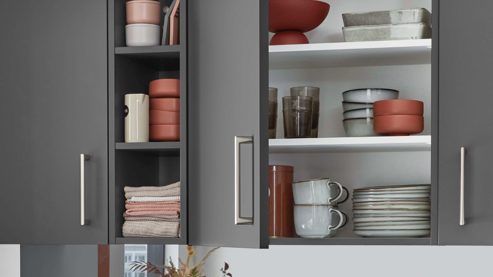 Einbauküche Nobilia® aus Holz in Grau nobilia® Einbauküche Senso mit Elektrogeräten, z. B.  Kühlschrank Schiefergrau - zweiteilig