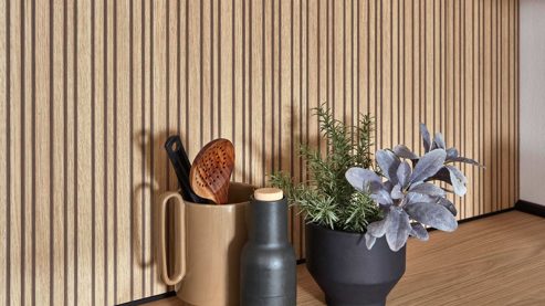 Einbauküche Nobilia® aus Holz in Hellblau nobilia® Einbauküche Senso mit JUNKER Elektrogeräten, z. B.  Backofen Sky, Eiche Como & Stripewood light - Stellfläche ca. 310 x 245 cm