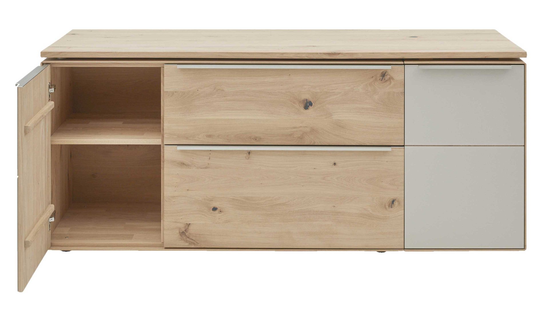 Schreibtisch Interliving aus Holz in Hellgrau Interliving Wohnzimmer Serie 2020 - Verwandlungs-Sideboard Asteiche bianco & Schlamm – zwei Türen, zwei Klappen