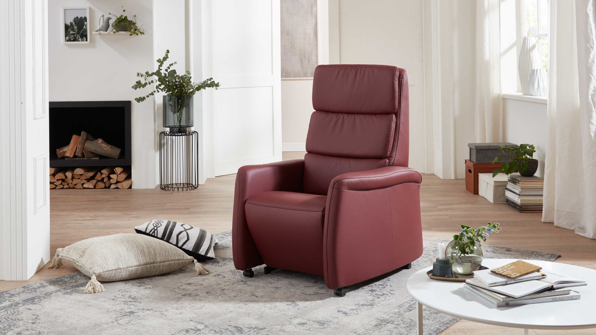 Relaxsessel OrthoSedis aus Leder in Dunkelrot OrthoSedis OS-HU1043 - Relaxsessel A8 mit Aufstehhilfe und Federkern brombeerfarbenes Leder Torro - Ergonomie L