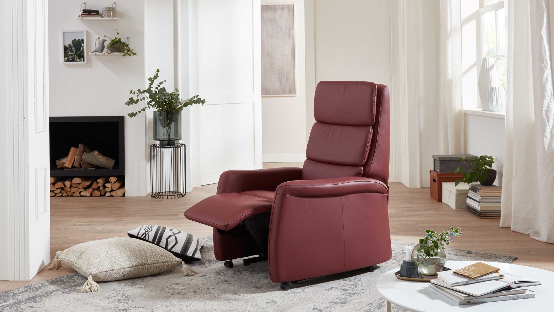 Relaxsessel OrthoSedis aus Leder in Dunkelrot OrthoSedis OS-HU1043 - Relaxsessel A8 mit Aufstehhilfe und Federkern brombeerfarbenes Leder Torro - Ergonomie L