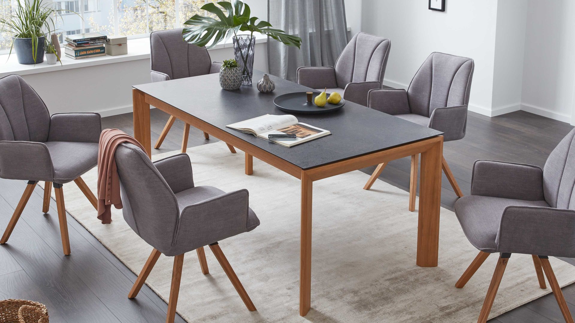 Auszugtisch Interliving aus Holz in Grau Interliving Esszimmer Serie 5102 – Auszugtisch V133 granitfarbenes HPL & Wildeiche – ca. 180-280 x 90 cm