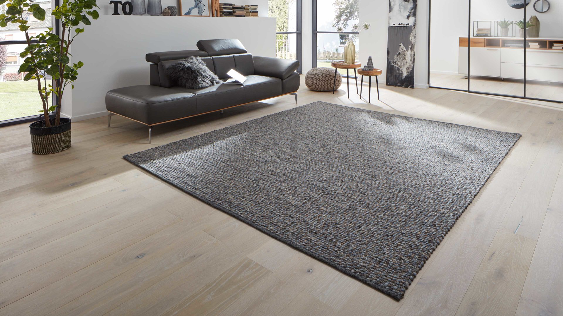 Handwebteppich Interliving aus Naturfaser in Dunkelblau Interliving Teppich Serie B-8001 oceanfarbene Schurwolle – ca. 250 x 290 cm
