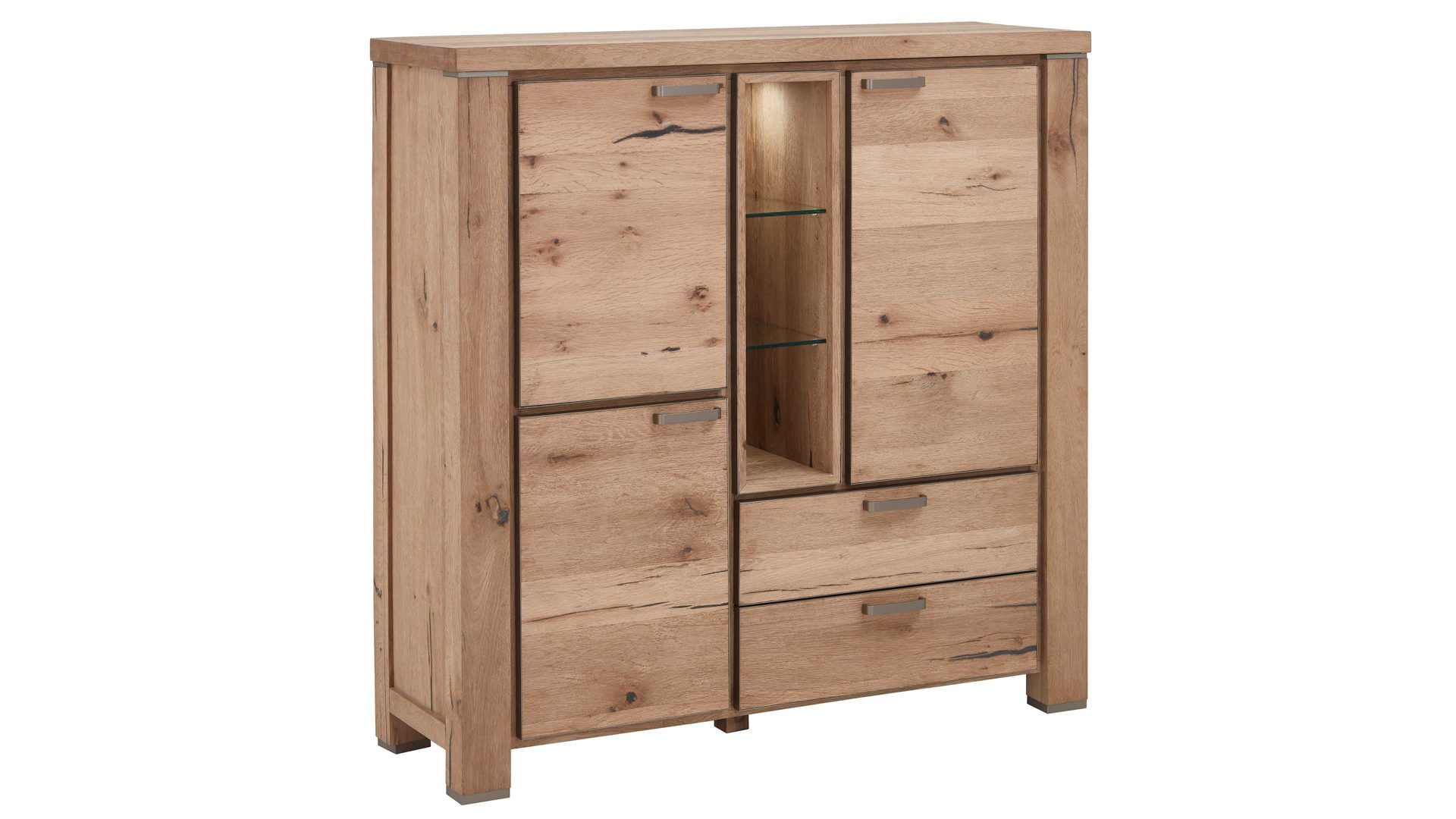 Highboard WOODS & TRENDS aus Holz in Holzfarben WOODS & TRENDS Highboard bzw. Wohnzimmerschrank Canova railwaybraunes Eichefurnier & Metall – zwei Türen, zwei Schubladen