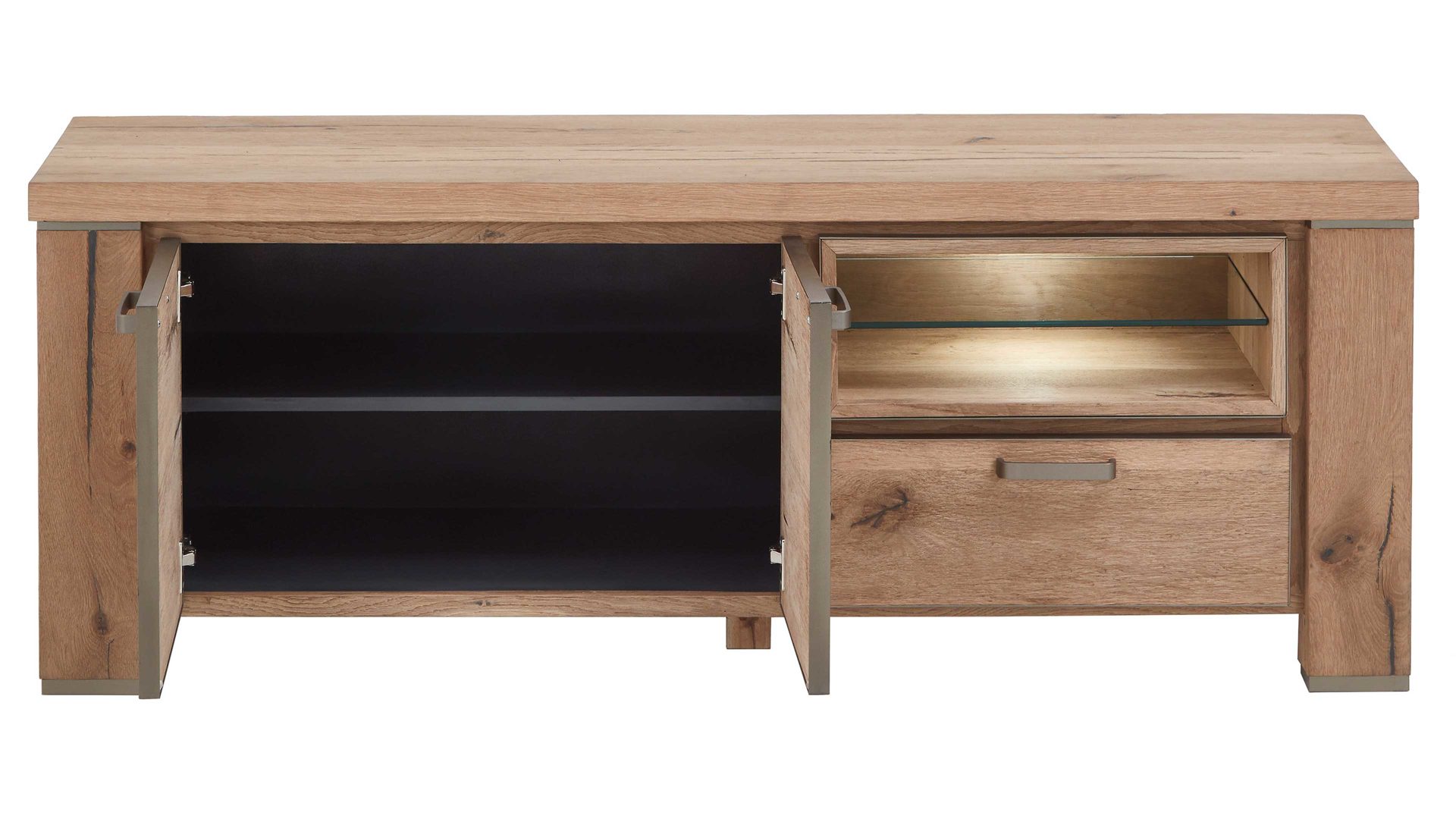 Lowboard WOODS & TRENDS aus Holz in Holzfarben WOODS & TRENDS Medien-Lowboard bzw. TV-Möbel Canova braunes Eichefurnier & Metall – zwei Türen, eine Schublade - Breite ca. 160 cm