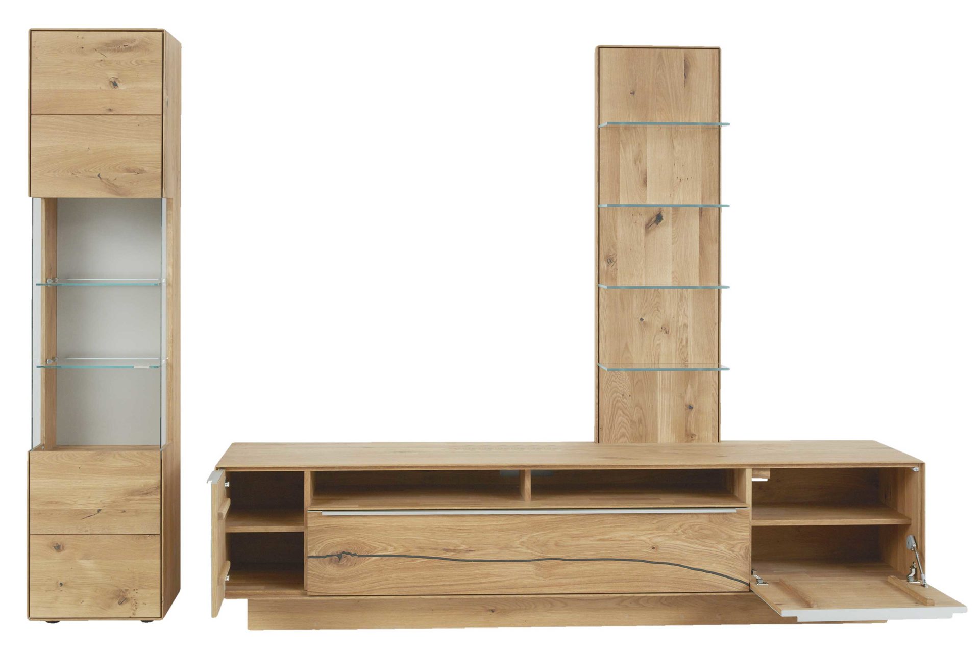 Wohnwand Interliving aus Holz in Hellgrau Interliving Wohnzimmer Serie 2020 - Wohnwand Asteiche & Schlamm – dreiteilig, Breite ca. 309 cm