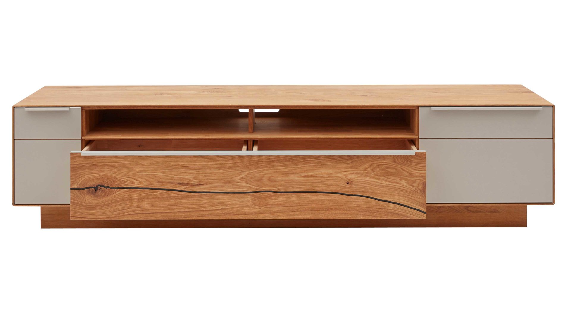 Lowboard Interliving aus Holz in Hellgrau Interliving Wohnzimmer Serie 2020 - Lowboard Asteiche & Schlamm – Breite ca. 242 cm