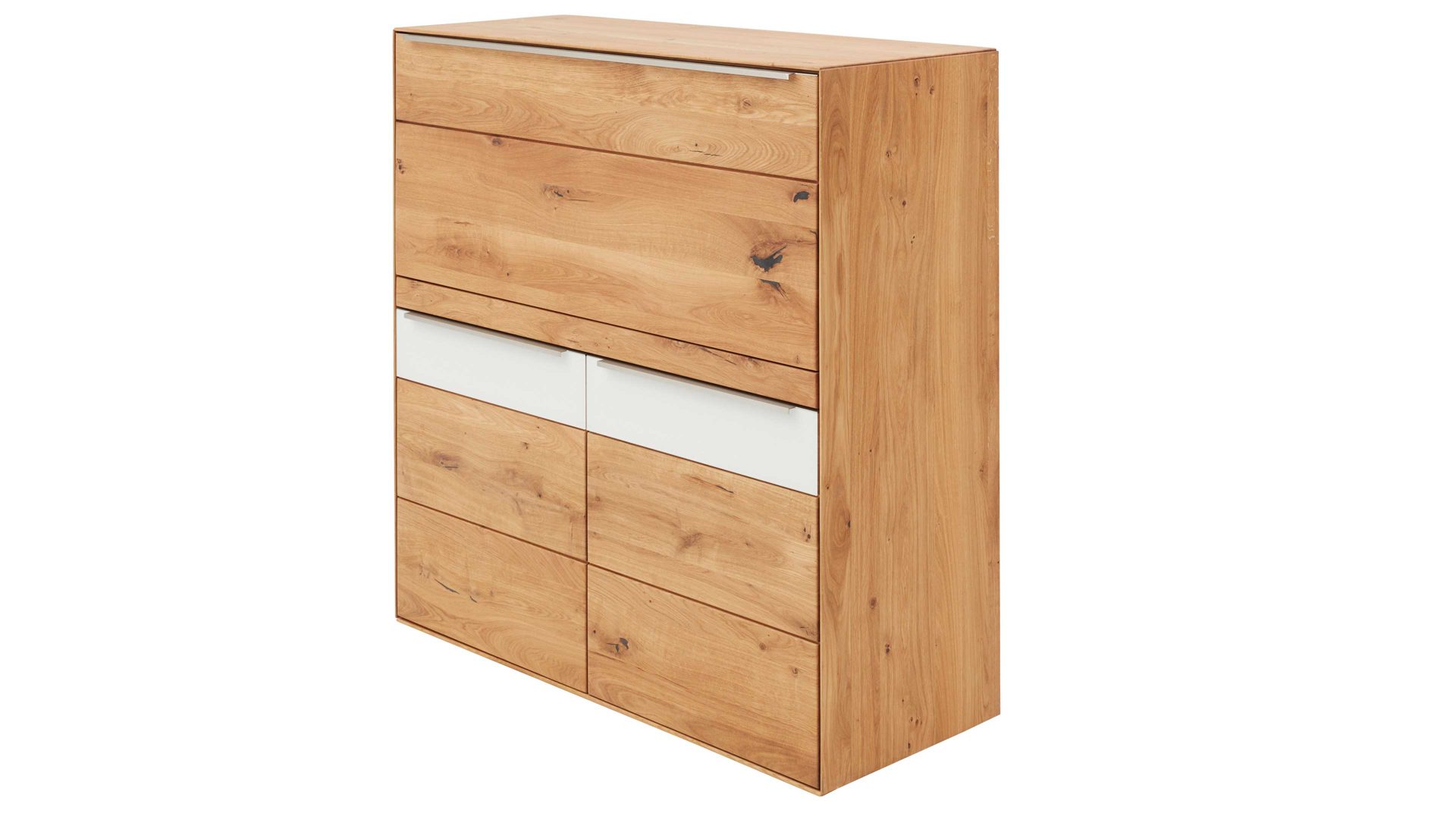 Schreibtisch Interliving aus Holz in Weiß Interliving Wohnzimmer Serie 2020 - Highboard 151197 Optiwhite, Asteiche & Riss-Eiche – Schreibplatte, zwei Türen