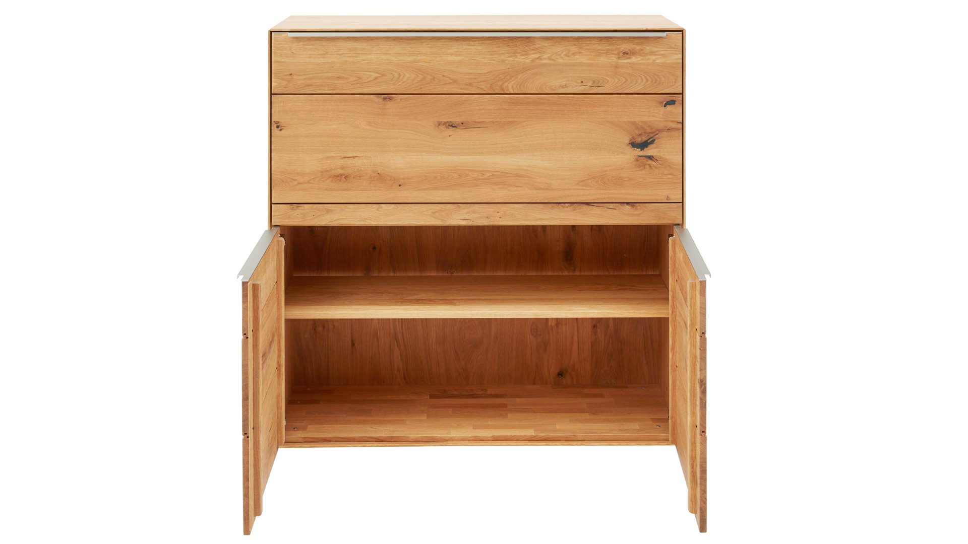 Schreibtisch Interliving aus Holz in Weiß Interliving Wohnzimmer Serie 2020 - Highboard Optiwhite, Asteiche & Riss-Eiche – Schreibplatte, zwei Türen