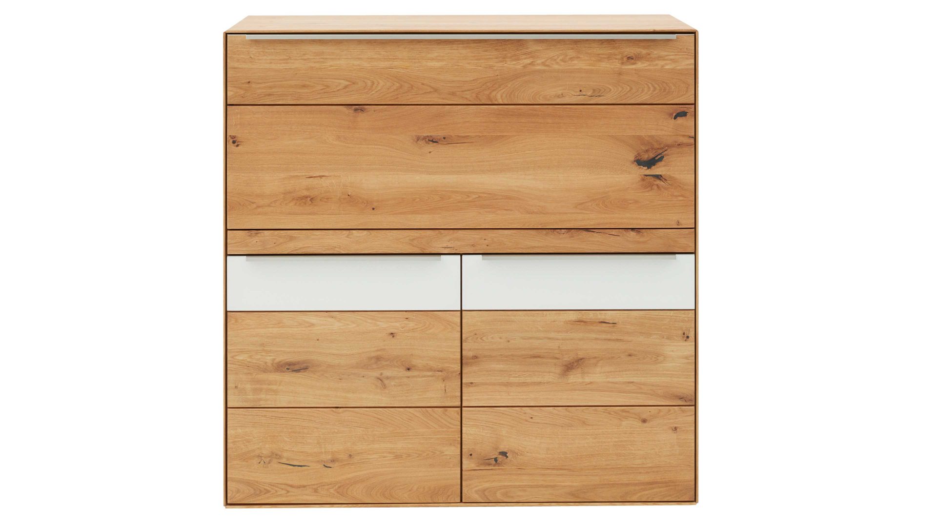 Schreibtisch Interliving aus Holz in Weiß Interliving Wohnzimmer Serie 2020 - Highboard Optiwhite, Asteiche & Riss-Eiche – Schreibplatte, zwei Türen