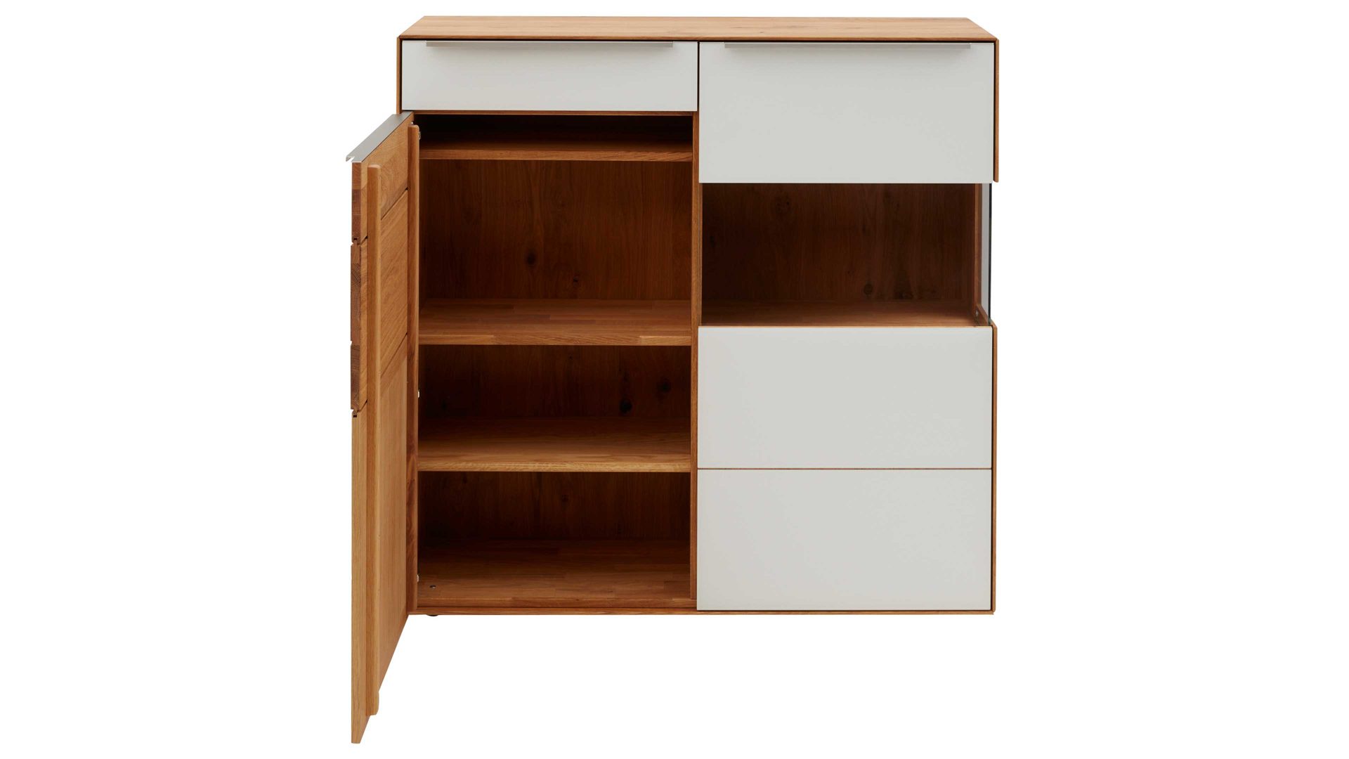 Highboard Interliving aus Holz in Weiß Interliving Wohnzimmer Serie 2020 - Highboard 151124 Optiwhite, Asteiche & Riss-Eiche – zwei Türen, eine Schublade