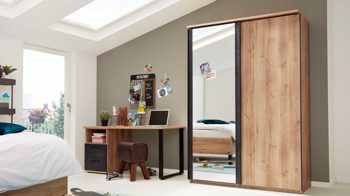 Kleiderschrank Interliving aus Holz in Holzfarben Interliving Jugendzimmer Serie 1701 - Schwebetürenschrank Riss-Eiche & Schiefer anthrazit - zwei Türen, Breite ca. 144 cm