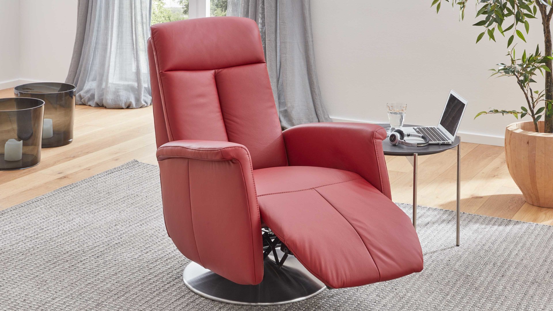 Relaxsessel modulmaster aus Leder in Dunkelrot Modulmaster MM-PN1035 - Relaxsessel 1SDCL D2 rossofarbenes Leder Torro & Edelstahl-Tellerfuß