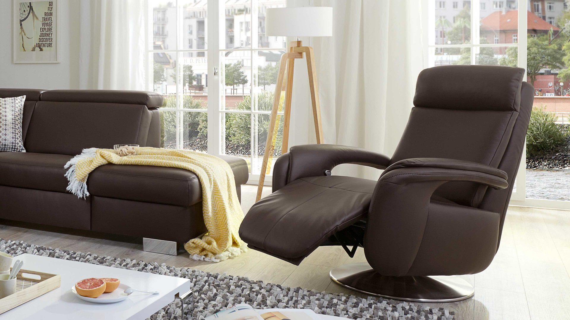 Relaxsessel modulmaster aus Leder in Dunkelbraun Modulmaster MM-PN1035 - Relaxsessel 1SDCL A1 schokofarbenes Leder Torro & Edelstahl-Tellerfuß
