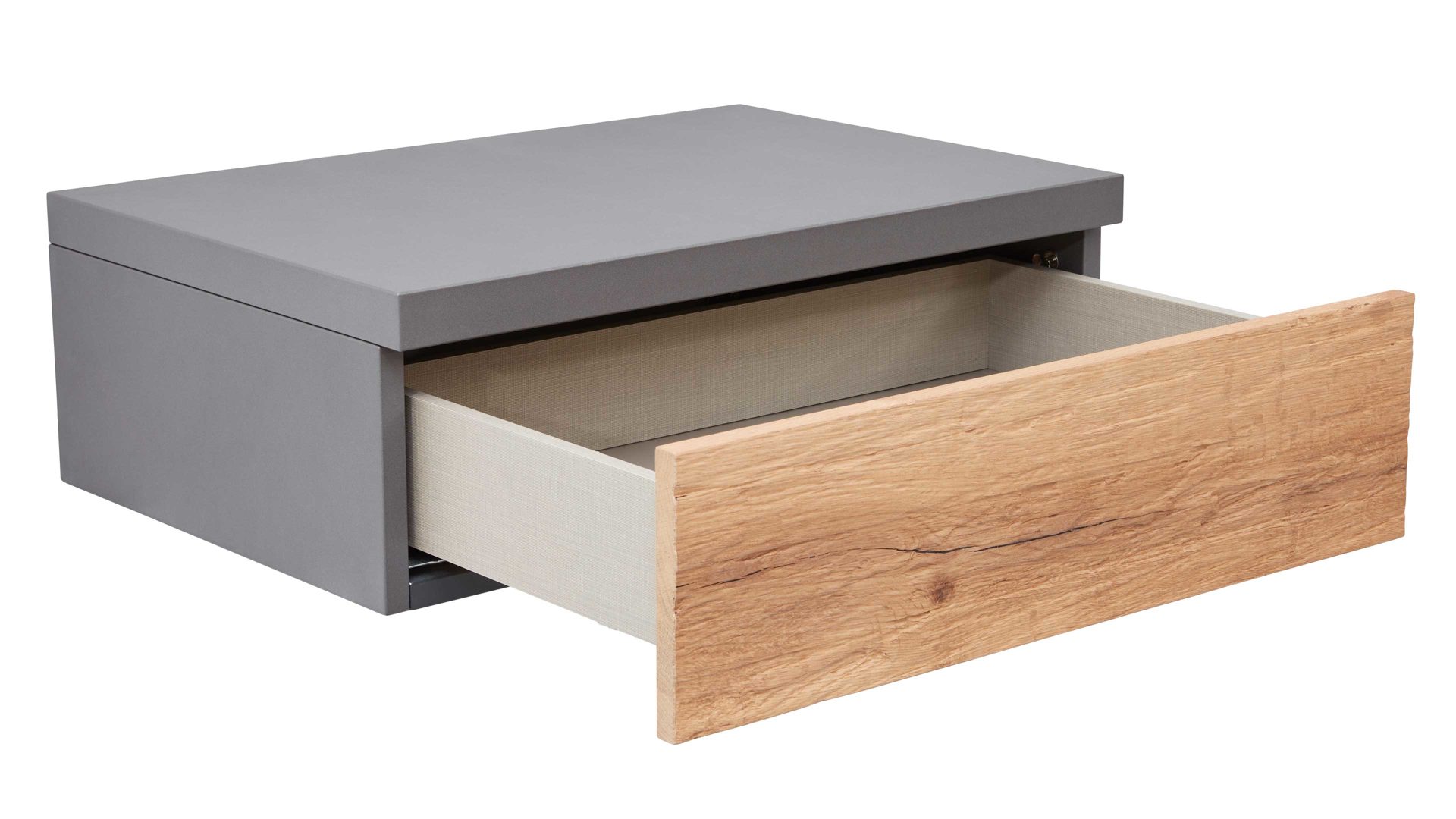 Nachtkommode Interliving aus Holz in Dunkelgrau Interliving Schlafzimmer Serie 1025 – Hängekonsole 530736 rechts, eine Schublade - Graphit & Balkeneiche gehackt