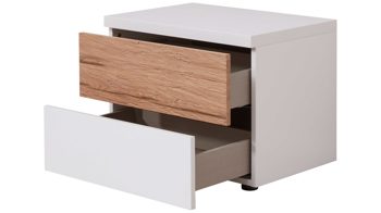 Nachtkommode Interliving aus Holz in Weiß Interliving Schlafzimmer Serie 1025 – Nachtkommode links, zwei Schubladen - Weiß & Balkeneiche gehackt