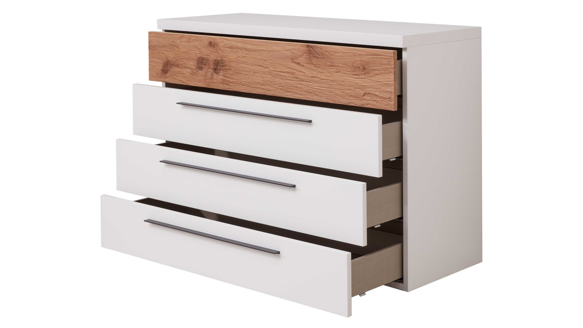 Schubladenkommode Interliving aus Holz in Weiß Interliving Schlafzimmer Serie 1025 – Schubladenkommode 531091 Weiß & Balkeneiche gehackt - vier Schubladen