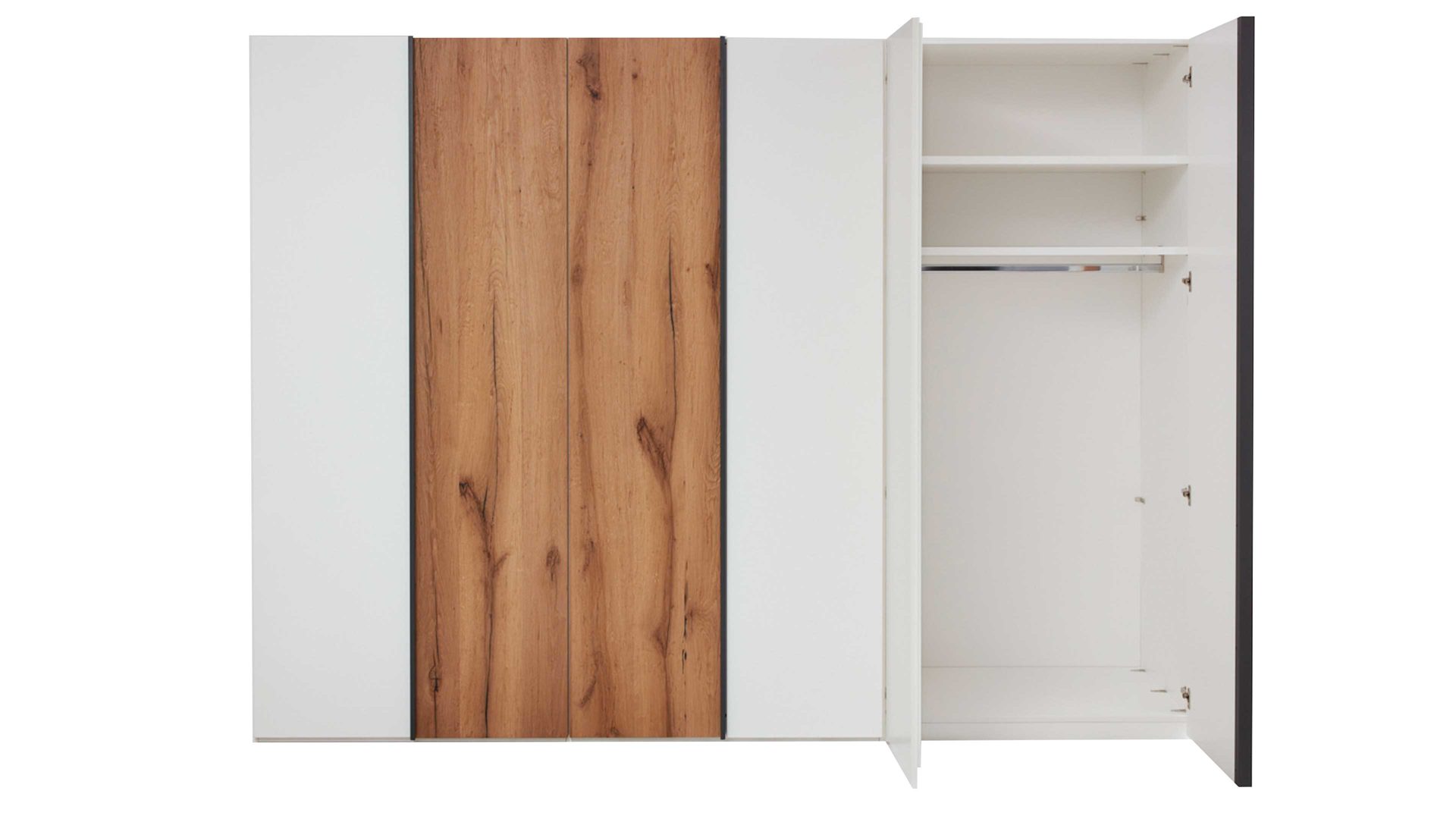 Kleiderschrank Interliving aus Holz in Weiß Interliving Schlafzimmer Serie 1025 – Kleiderschrank Weiß & Balkeneiche gehackt - fünf Türen, Breite ca. 249 cm
