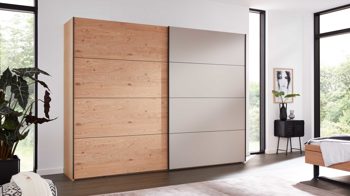 Kleiderschrank Interliving aus Holz in Grau Interliving Schlafzimmer Serie 1024 – Schwebetürenschrank Design 28,  Taupe & Balkeneiche - zwei Türen, Breite ca. 301 cm