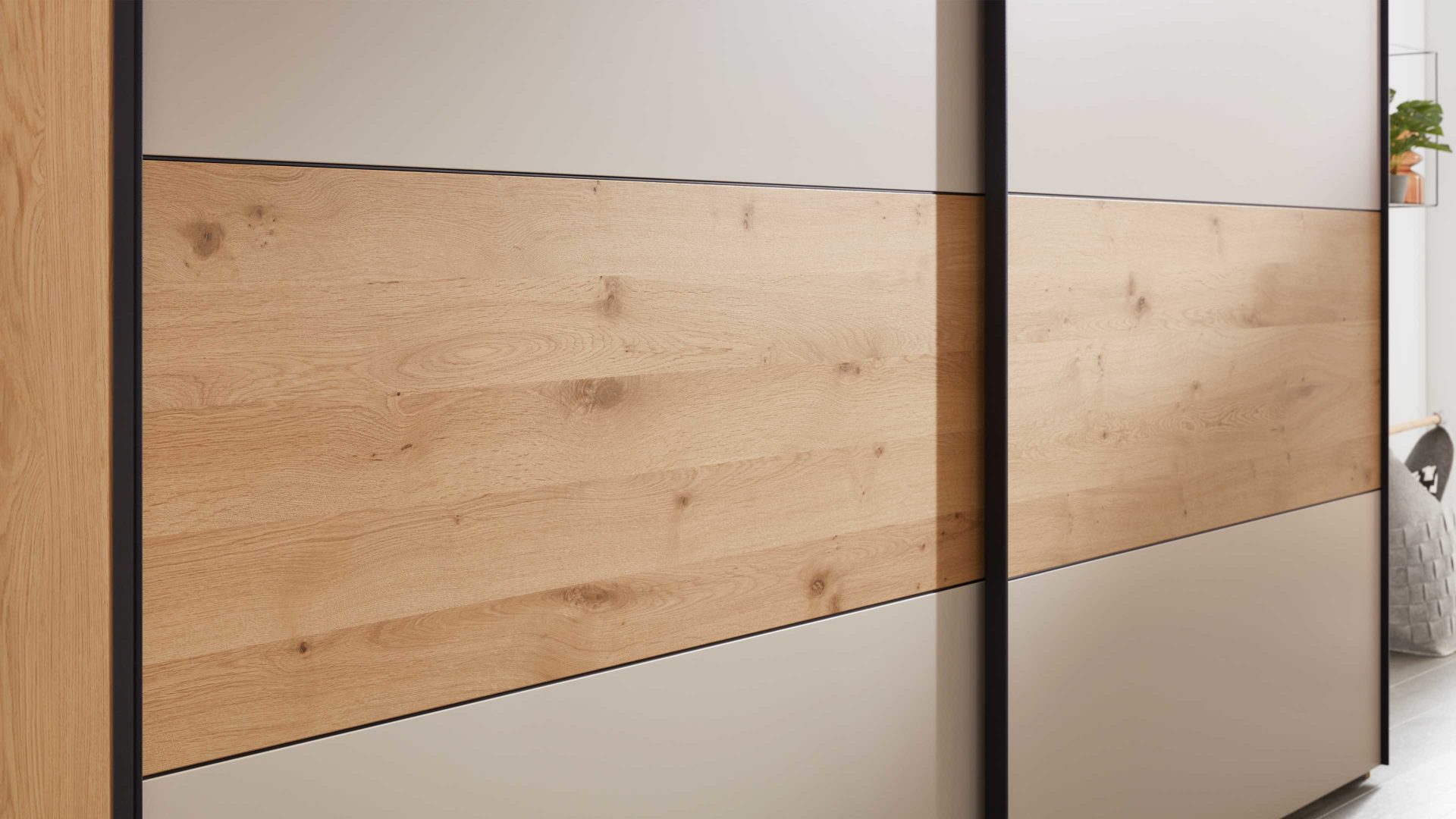 Kleiderschrank Interliving aus Holz in Beige Interliving Schlafzimmer Serie 1024 – Schwebetürenschrank Design 27,  Sand & Balkeneiche - zwei Türen, Breite ca. 241 cm