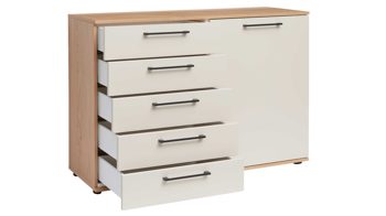 Kombikommode Interliving aus Holz in Beige Interliving Schlafzimmer Serie 1024 – Kombikommode 56026 rechts eine Tür, links fünf Schubladen - Sand & Balkeneiche, Breite ca. 120 cm