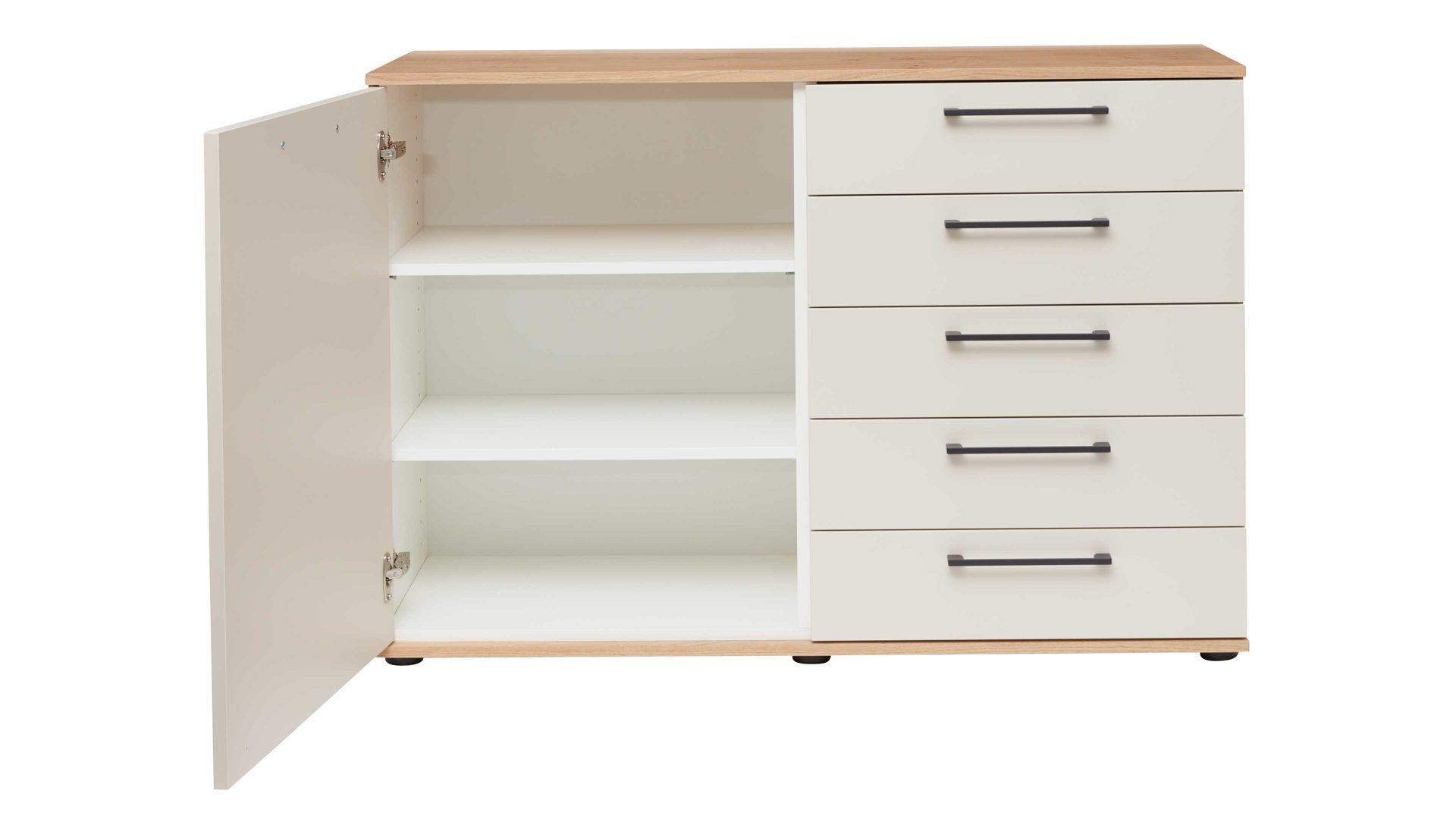 Kombikommode Interliving aus Holz in Beige Interliving Schlafzimmer Serie 1024 – Kombikommode links eine Tür, rechts fünf Schubladen - Sand & Balkeneiche, Breite ca. 120 cm