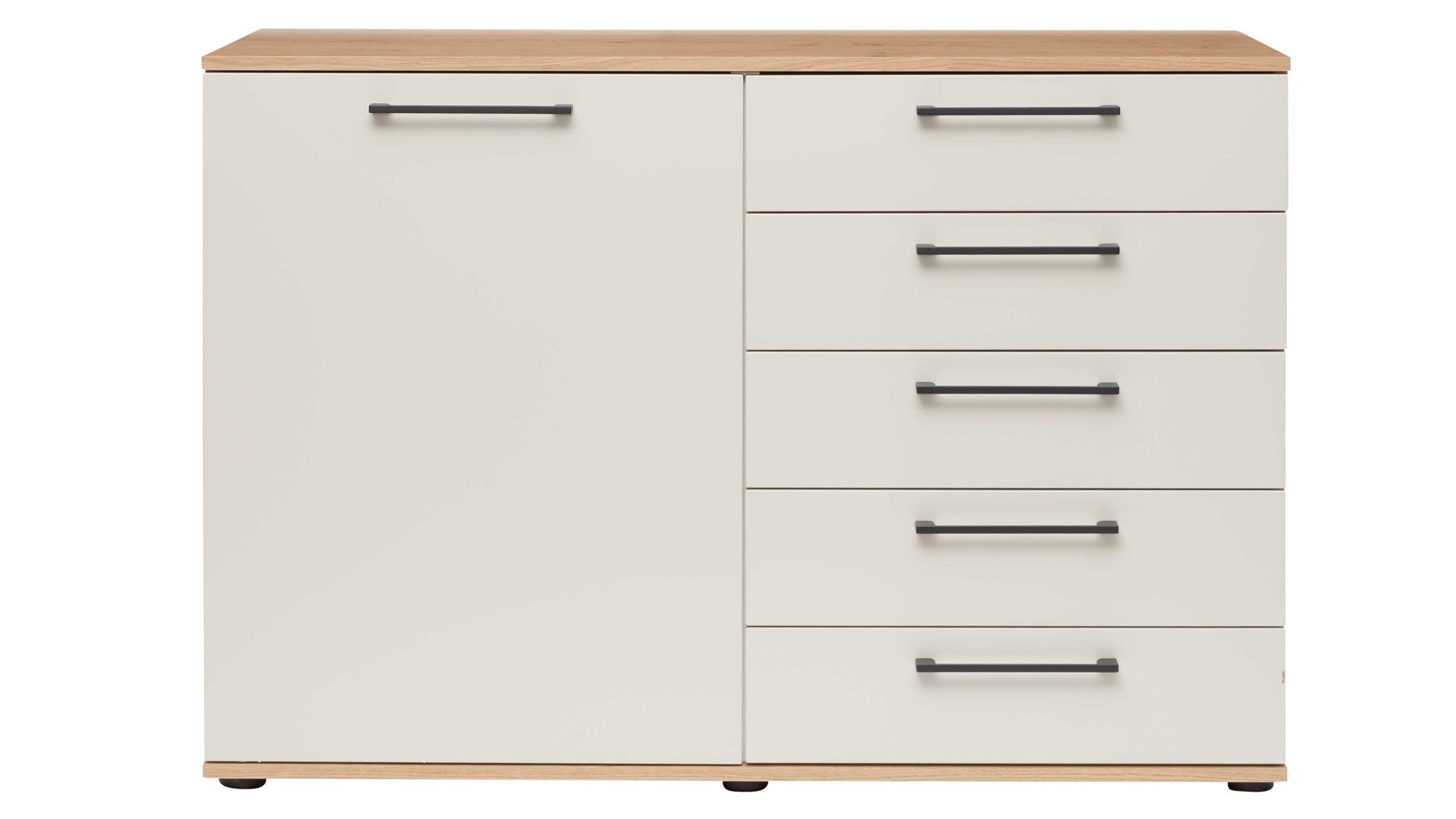 Kombikommode Interliving aus Holz in Beige Interliving Schlafzimmer Serie 1024 – Kombikommode 56016 links eine Tür, rechts fünf Schubladen - Sand & Balkeneiche, Breite ca. 120 cm