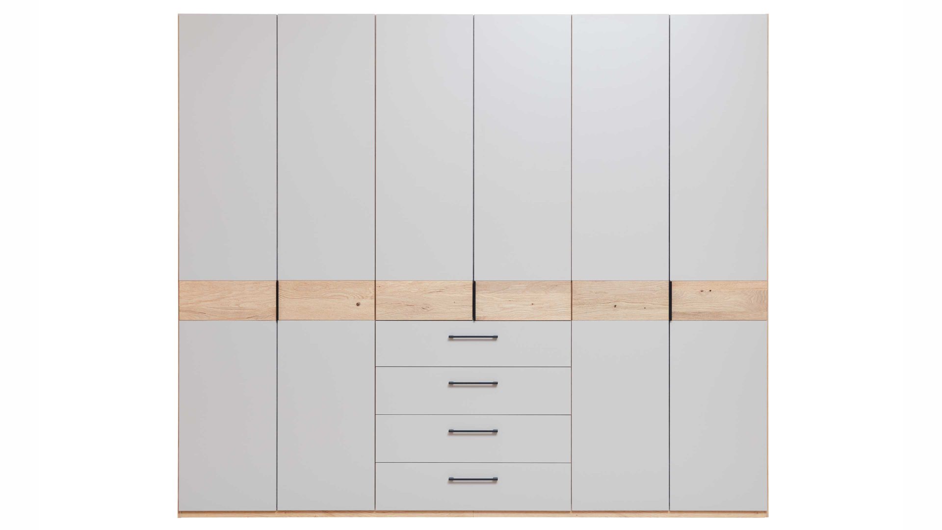 Kleiderschrank Interliving aus Holz in Grau Interliving Schlafzimmer Serie 1023 – Funktionsschrank Taupe & Balkeneiche - sechs Türen, drei Schubladen, Breite ca. 269 cm