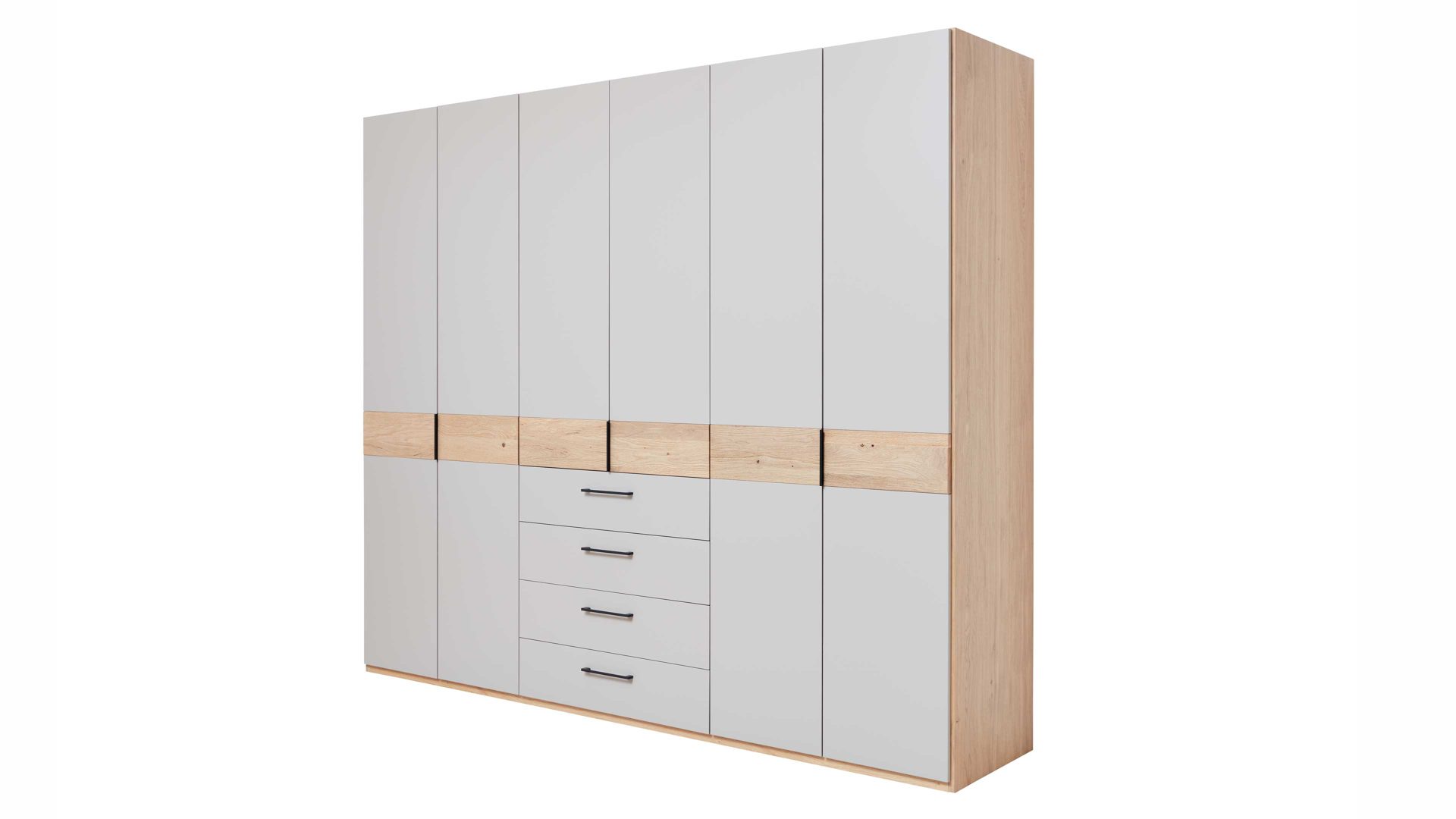 Kleiderschrank Interliving aus Holz in Grau Interliving Schlafzimmer Serie 1023 – Funktionsschrank Taupe & Balkeneiche - sechs Türen, drei Schubladen, Breite ca. 269 cm