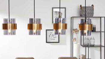 Pendelleuchte Interliving aus Glas in Grau Interliving Leuchten Serie 9333 - Hängeleuchte Rauchglas & Messing – Länge ca. 110 cm