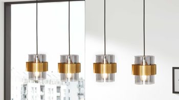 Pendelleuchte Interliving aus Glas in Grau Interliving Leuchten Serie 9333 - Hängeleuchte Rauchglas & Messing – Länge ca. 110 cm