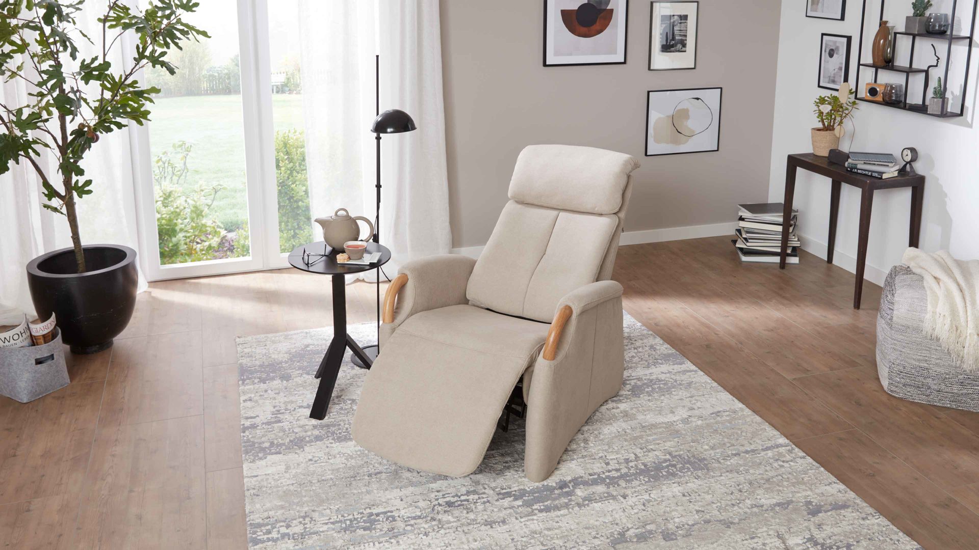 Relaxsessel comfortmaster besser sitzen, liegen, leben aus Stoff in Beige Comfortmaster CM-HU1157 - Relaxsessel B ecrufarbener Bezug Kira & Eiche bianco - Ergonomie piccolo