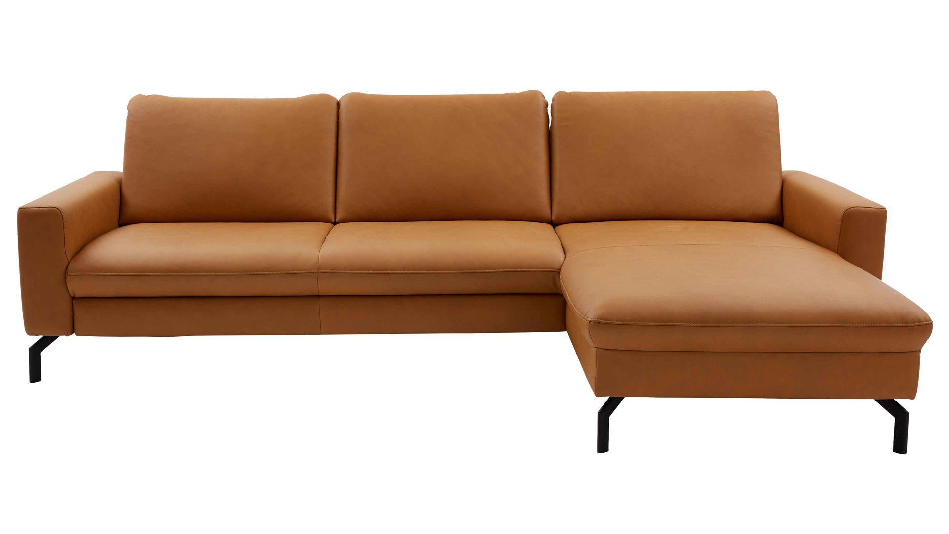 Ecksofa modulmaster aus Leder in Orange Modulmaster MM-PN1126 - Ecksofa kurkumafarbenes Leder Torro & schwarze Metallfüße - Stellfläche ca. 248 x 179 cm
