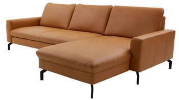 Ecksofa modulmaster aus Leder in Orange Modulmaster MM-PN1126 - Ecksofa kurkumafarbenes Leder Torro & schwarze Metallfüße - Stellfläche ca. 274 x 179 cm