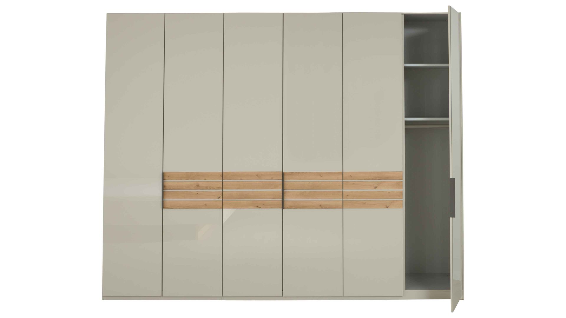 Kleiderschrank Interliving aus Holz in Hellgrau Interliving Schlafzimmer Serie 1026 – Kleiderschrank 341 Champagner & Eiche bianco - sechs Türen, Breite ca. 300 cm