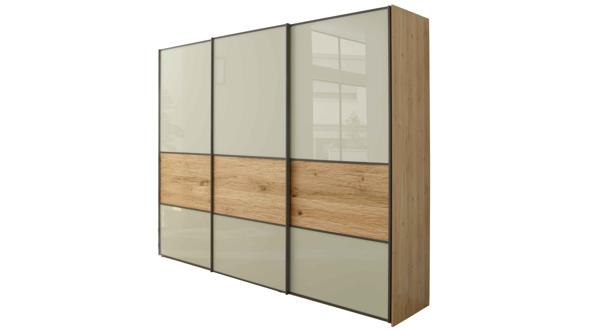 Kleiderschrank Interliving aus Holz in Hellgrau Interliving Schlafzimmer Serie 1027 – Schwebetürenschrank 801 Champagner & Eiche bianco - drei Türen, Breite ca. 250 cm