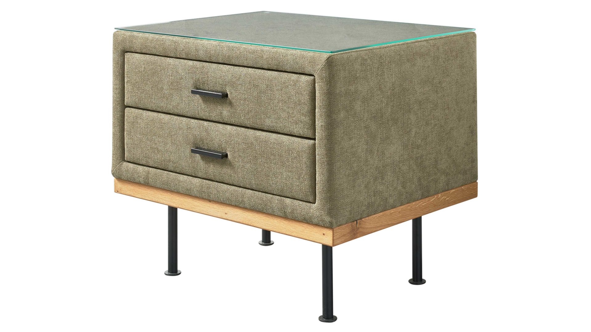Nachtkommode Interliving aus Stoff in Grün Interliving Boxspringbett Serie 1415 - Nachtkommode olivgrüner Stoffbezug ELK 323 - zwei Schubladen
